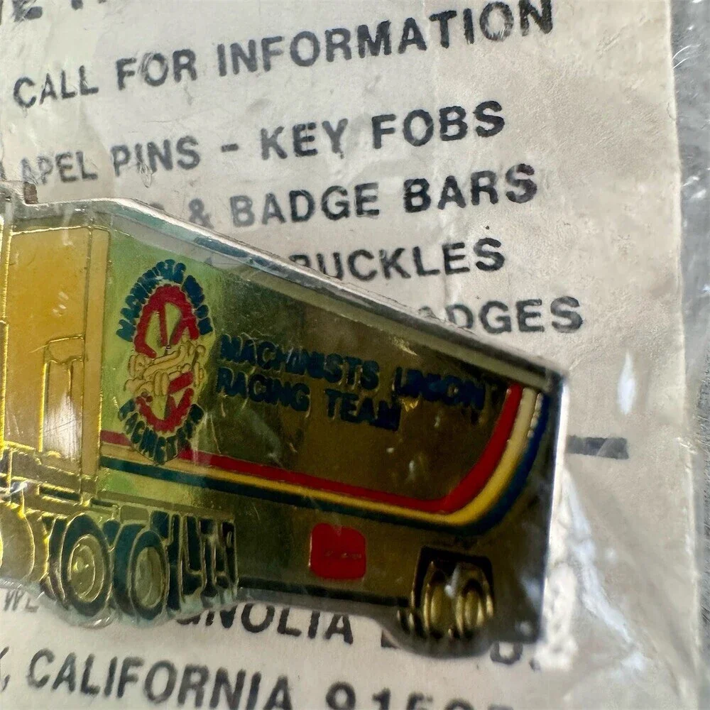 Vintage SRE Industries Enamel Lapel Pin Semi Truck Machinists Union Racing Team